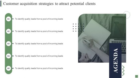 Agenda Customer Acquisition Strategies To Attract Potential Clients Themes PDF