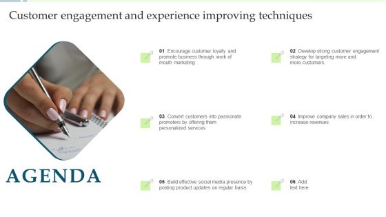 Agenda Customer Engagement And Experience Improving Techniques Demonstration PDF Agenda Customer Engagement And Experience Improving Techniques Demonstration PDF