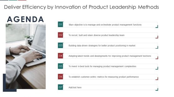 Agenda Deliver Efficiency By Innovation Of Product Leadership Methods Summary PDF