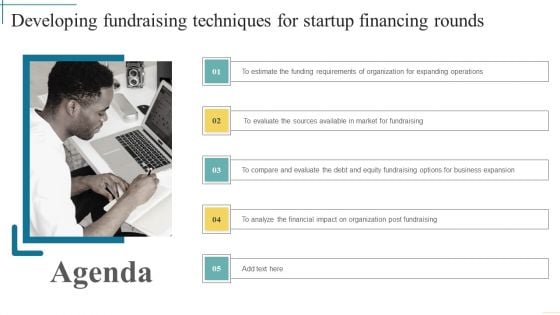 Agenda Developing Fundraising Techniques For Startup Financing Rounds Professional PDF