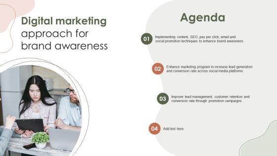 Agenda Digital Marketing Approach For Brand Awareness Slide Icons PDF
