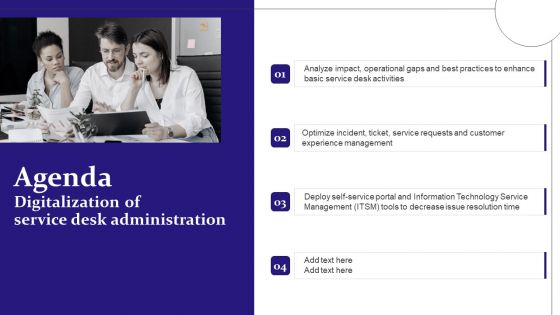 Agenda Digitalization Of Service Desk Administration Ppt Professional Show PDF