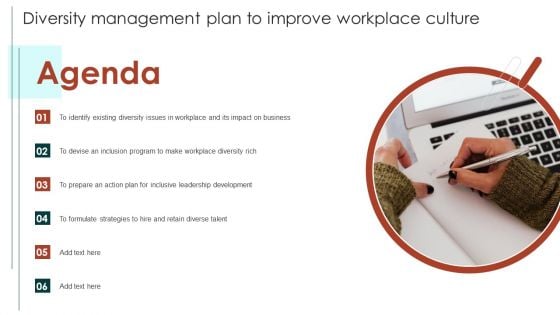 Agenda Diversity Management Plan To Improve Workplace Culture Topics PDF