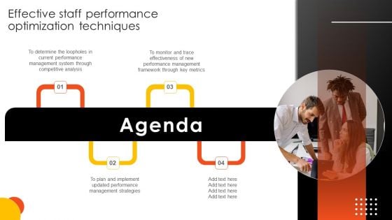 Agenda Effective Staff Performance Optimization Techniques Portrait PDF