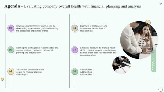 Agenda Evaluating Company Overall Health With Financial Planning And Analysis Portrait PDF Agenda Evaluating Company Overall Health With Financial Planning And Analysis Portrait PDF