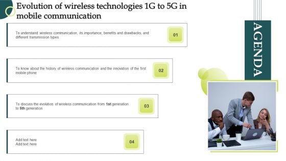 Agenda Evolution Of Wireless Technologies 1G To 5G In Mobile Communication Demonstration PDF