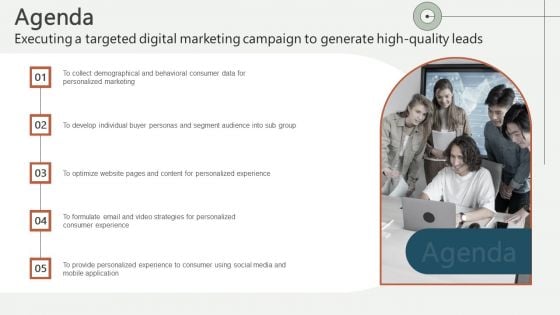 Agenda Executing A Targeted Digital Marketing Campaign To Generate High Quality Leads Slides PDF