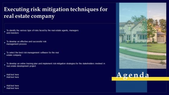 Agenda Executing Risk Mitigation Techniques For Real Estate Company Mockup PDF