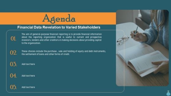 Agenda Financial Data Revelation To Varied Stakeholders Brochure PDF