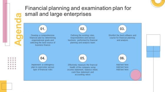 Agenda Financial Planning And Examination Plan For Small And Large Enterprises Background PDF