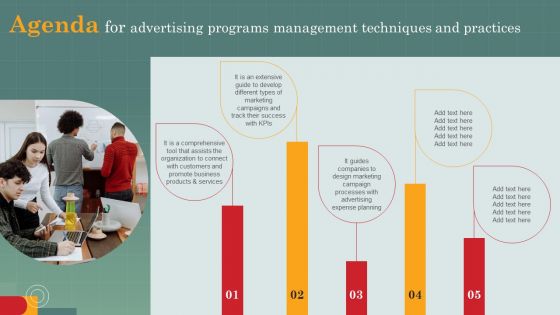 Agenda For Advertising Programs Management Techniques And Practices Template PDF