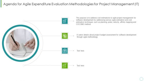 Agenda For Agile Expenditure Evaluation Methodologies For Project Management IT Demonstration PDF
