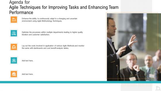 Agenda For Agile Techniques For Improving Tasks And Enhancing Team Performance Pictures PDF