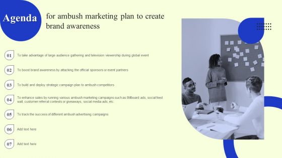 Agenda For Ambush Marketing Plan To Create Brand Awareness Information PDF