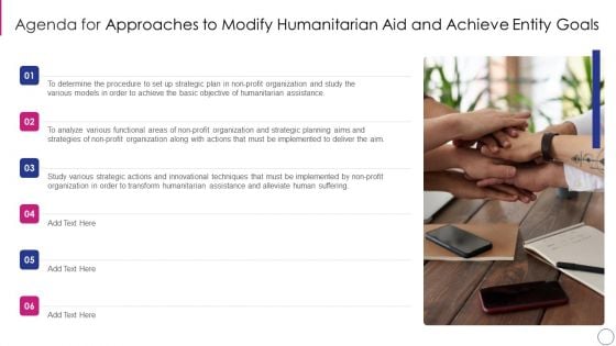 Agenda For Approaches To Modify Humanitarian Aid And Achieve Entity Goals Portrait PDF