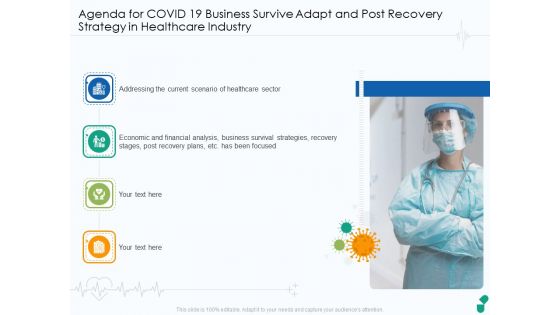 Agenda For COVID 19 Business Survive Adapt And Post Recovery Strategy In Healthcare Industry Diagrams PDF