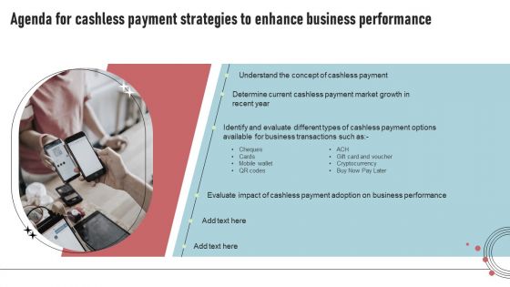 Agenda For Cashless Payment Strategies To Enhance Business Performance Formats PDF