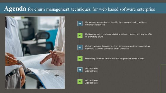Agenda For Churn Management Techniques For Web Based Software Enterprise Ppt PowerPoint Presentation File Professional PDF