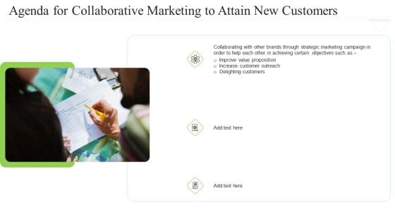 Agenda For Collaborative Marketing To Attain New Customers Summary PDF Agenda For Collaborative Marketing To Attain New Customers Summary PDF