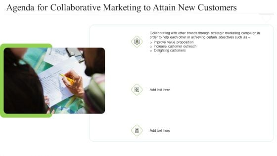 Agenda For Collaborative Marketing To Attain New Customers Summary PDF