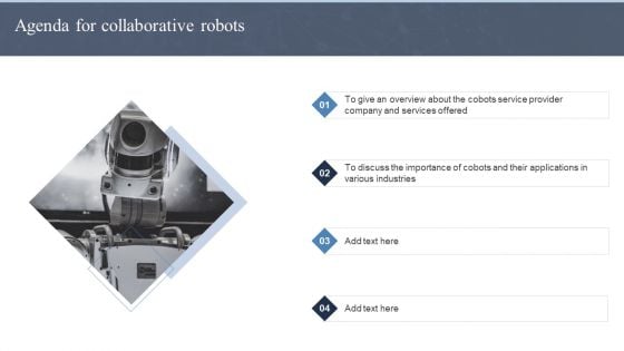 Agenda For Collaborative Robots Ppt Inspiration Ideas PDF