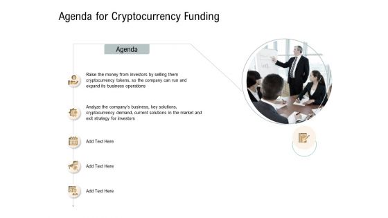 Agenda For Cryptocurrency Funding Virtual Currency Financing Pitch Deck Infographics PDF