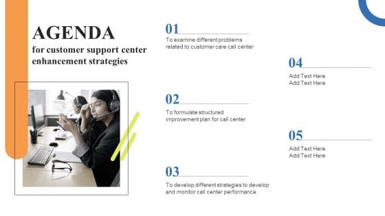 Agenda For Customer Support Center Enhancement Strategies Graphics PDF