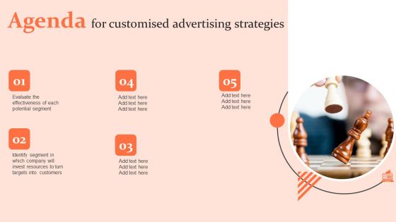 Agenda For Customised Advertising Strategies Ppt PowerPoint Presentation Icon Deck PDF