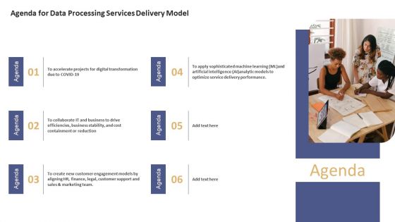 Agenda For Data Processing Services Delivery Model Ppt Inspiration Format Ideas PDF