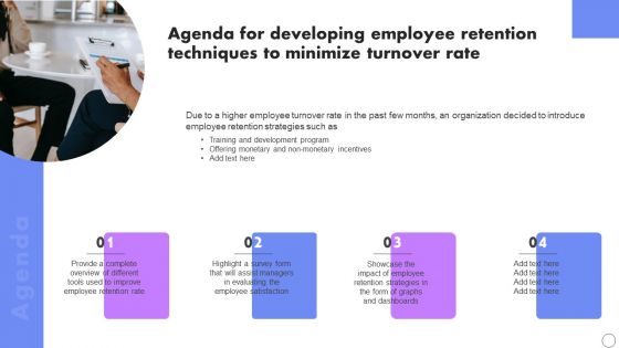 Agenda For Developing Employee Retention Techniques To Minimize Turnover Rate Designs PDF Agenda For Developing Employee Retention Techniques To Minimize Turnover Rate Designs PDF