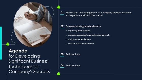 Agenda For Developing Significant Business Techniques For Companys Success Slides PDF