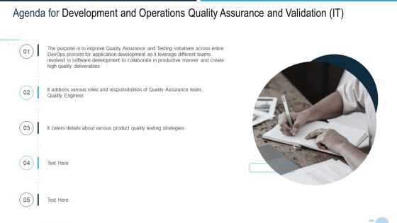 Agenda For Development And Operations Quality Assurance And Validation IT Template PDF