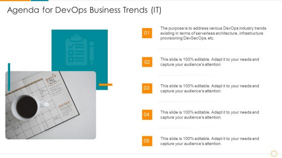 Agenda For Devops Business Trends IT Ppt Portfolio Background Image PDF