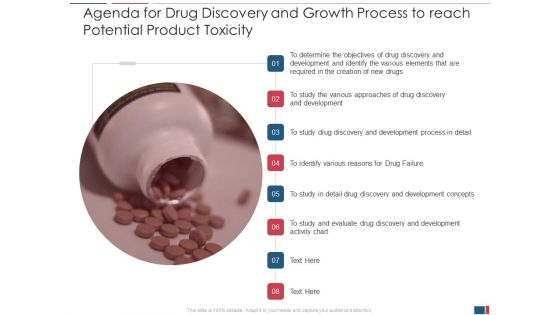 Agenda For Drug Discovery And Growth Process To Reach Potential Product Toxicity Icons PDF