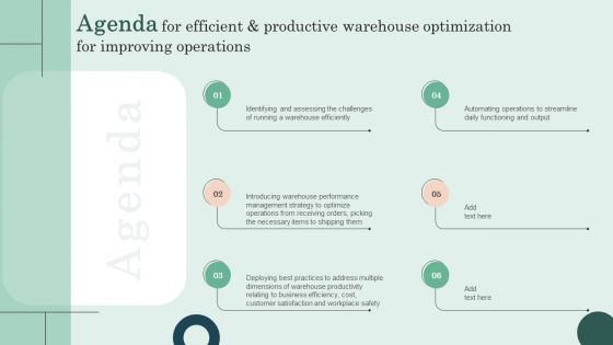 Agenda For Efficient And Productive Warehouse Optimization For Improving Operations Demonstration PDF Agenda For Efficient And Productive Warehouse Optimization For Improving Operations Demonstration PDF