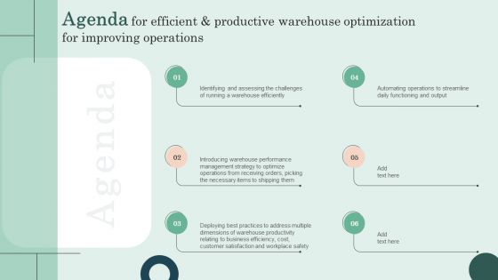 Agenda For Efficient And Productive Warehouse Optimization For Improving Operations Demonstration PDF