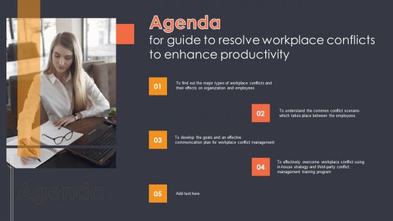 Agenda For Guide To Resolve Workplace Conflicts To Enhance Productivity Ppt Infographics Graphics PDF