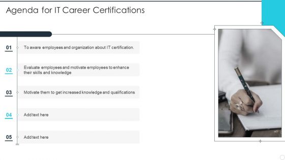 Agenda For IT Career Certifications Ppt PowerPoint Presentation Gallery Brochure PDF