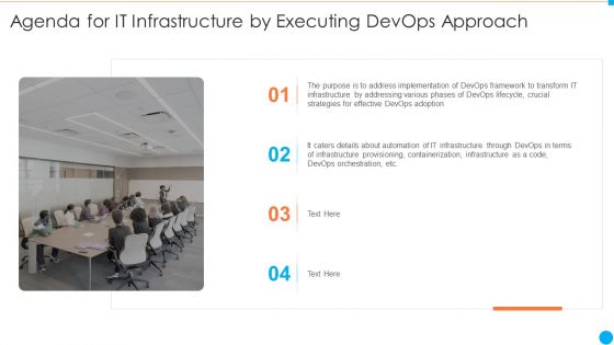 Agenda For IT Infrastructure By Executing Devops Approach Portrait PDF