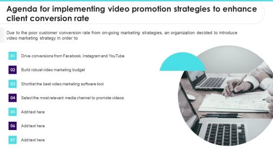 Agenda For Implementing Video Promotion Strategies To Enhance Client Conversion Rate Designs PDF