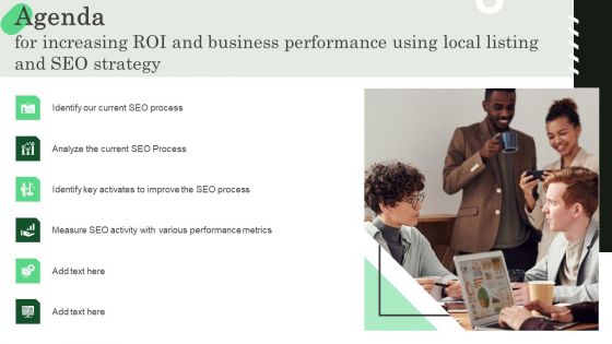 Agenda For Increasing ROI And Business Performance Using Local Listing And SEO Strategy Infographics PDF Agenda For Increasing ROI And Business Performance Using Local Listing And SEO Strategy Infographics PDF