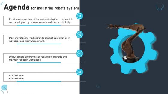 Agenda For Industrial Robots System Ppt PowerPoint Presentation Gallery Graphics Tutorials PDF