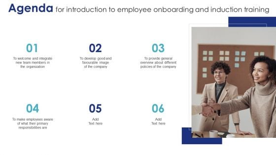 Agenda For Introduction To Employee Onboarding And Induction Training Introduction PDF