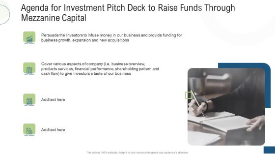 Agenda For Investment Pitch Deck To Raise Funds Through Mezzanine Capital Rules PDF