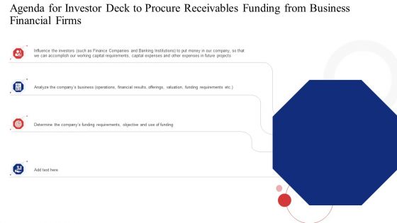 Agenda For Investor Deck To Procure Receivables Funding From Business Financial Firms Mockup PDF