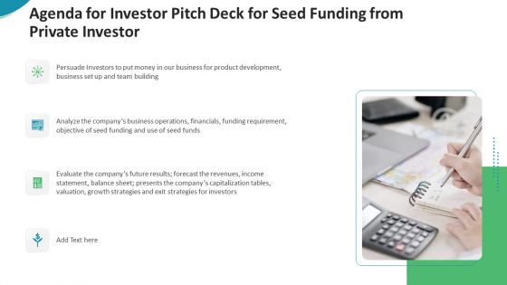 Agenda For Investor Pitch Deck For Seed Funding From Private Investor Structure PDF