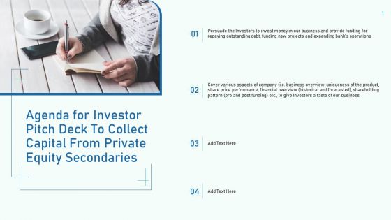 Agenda For Investor Pitch Deck To Collect Capital From Private Equity Secondaries Template PDF