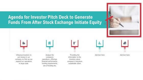 Agenda For Investor Pitch Deck To Generate Funds From After Stock Exchange Initiate Equity Download PDF