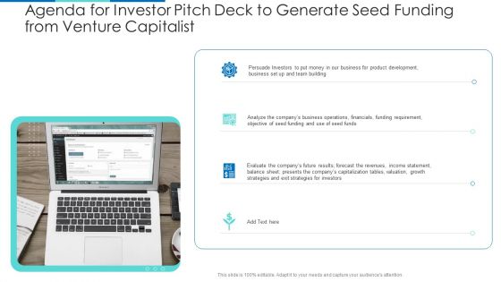 Agenda For Investor Pitch Deck To Generate Seed Funding From Venture Capitalist Ppt Show Smartart PDF