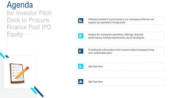 Agenda For Investor Pitch Deck To Procure Finance Post IPO Equity Diagrams PDF